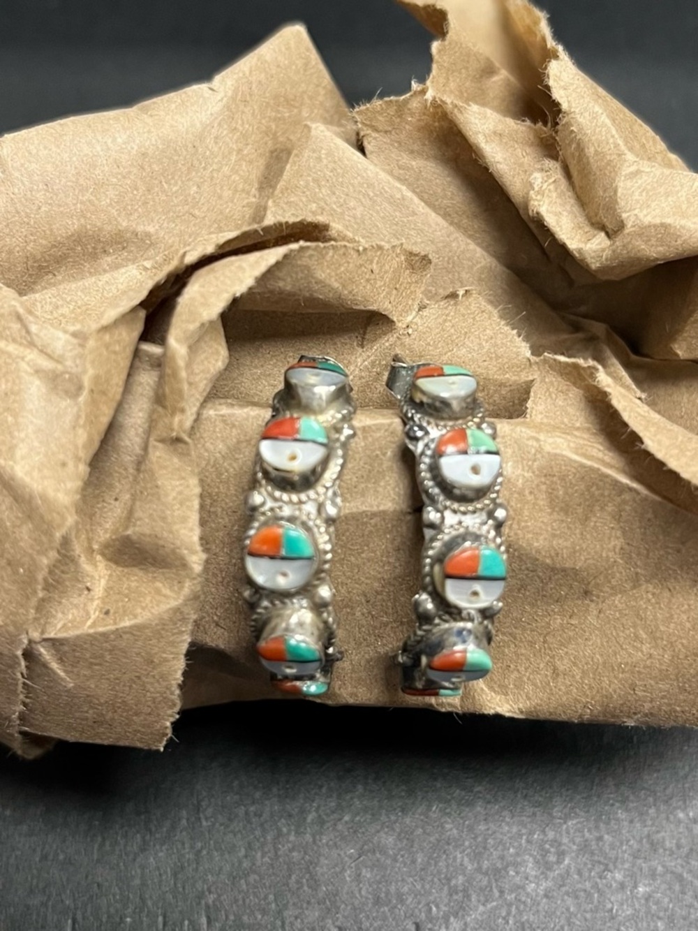 Sterling Silver Inlay Hoop Earrings with Turquoise & Coral Accents